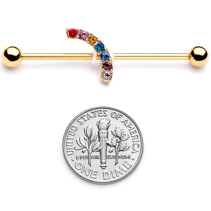 14G Red Blue Gem Gold Tone Rainbow Arc Industrial Barbell 38mm