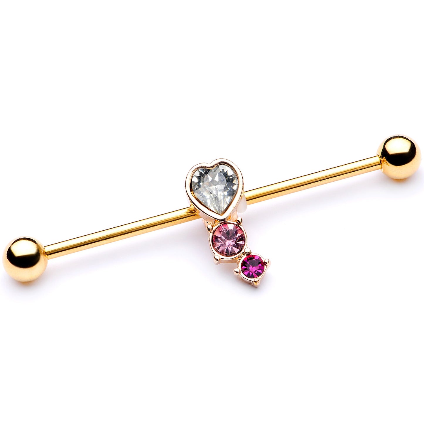 14G Clear Pink Red Gem Gold Tone Heart Industrial Barbell 38mm