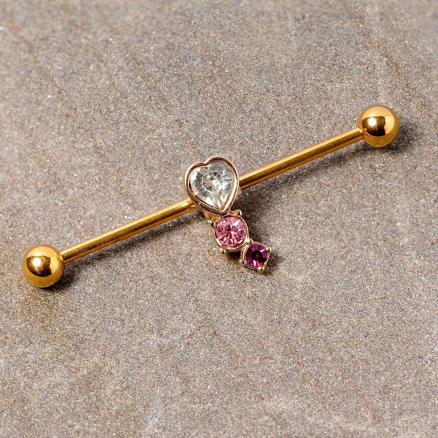 14G Clear Pink Red Gem Gold Tone Heart Industrial Barbell 38mm