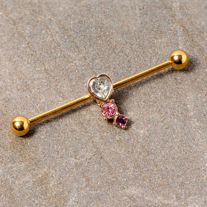 14G Clear Pink Red Gem Gold Tone Heart Industrial Barbell 38mm