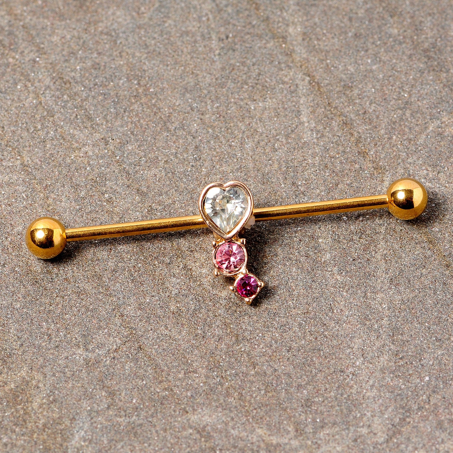 14G Clear Pink Red Gem Gold Tone Heart Industrial Barbell 38mm