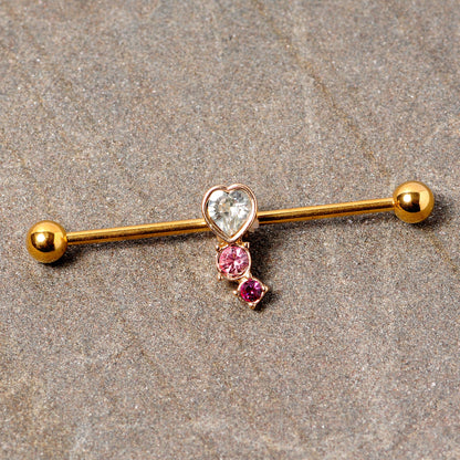 14G Clear Pink Red Gem Gold Tone Heart Industrial Barbell 38mm