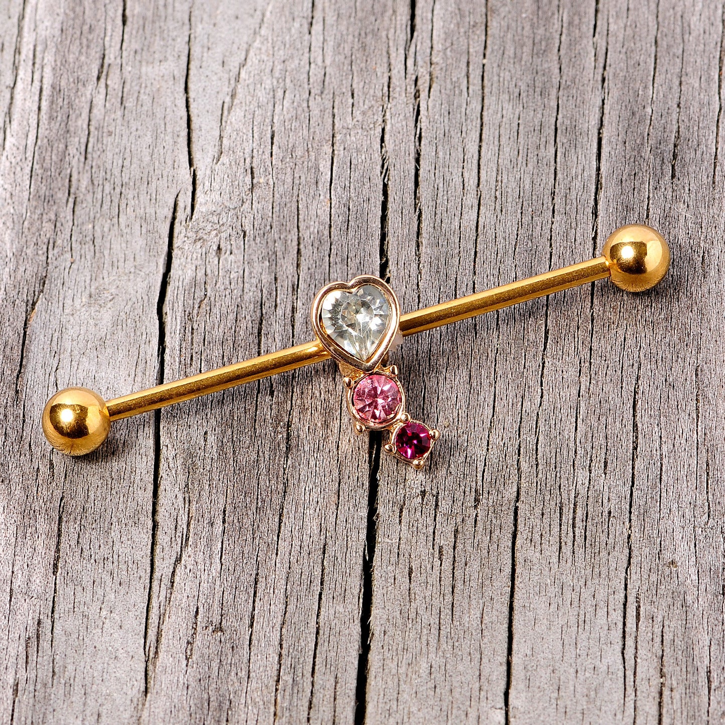 14G Clear Pink Red Gem Gold Tone Heart Industrial Barbell 38mm