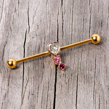 14G Clear Pink Red Gem Gold Tone Heart Industrial Barbell 38mm