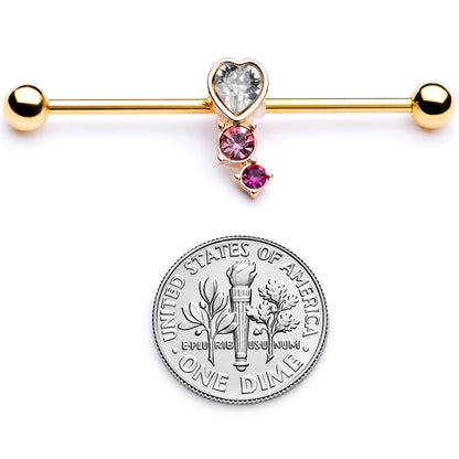 14G Clear Pink Red Gem Gold Tone Heart Industrial Barbell 38mm