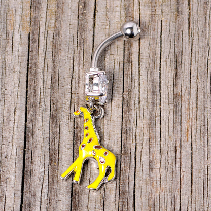 Clear Gem Yellow Brown Giraffe Dangle Belly Ring