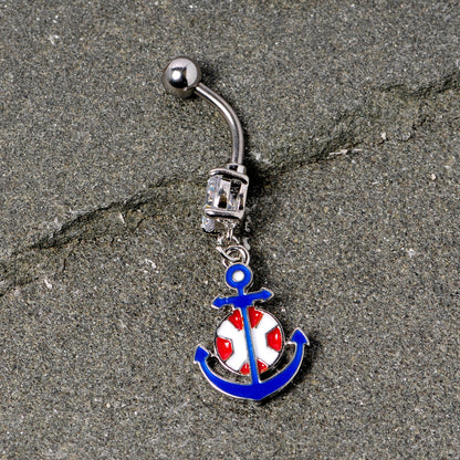 Clear Gem Blue Red Life Ring Anchor Nautical Belly Ring