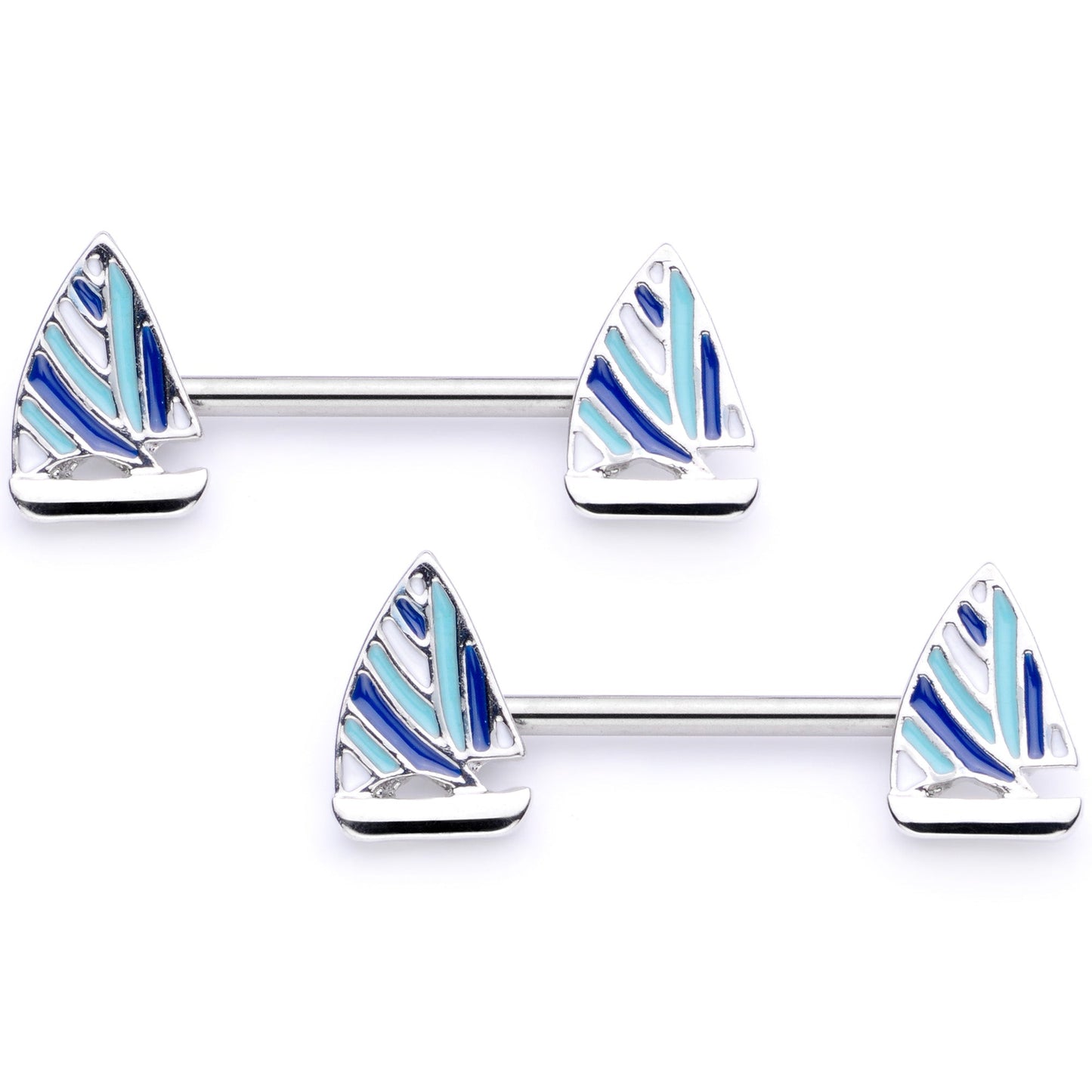14G 9/16 Blue White Nautical Sailboat Barbell Nipple Ring Set