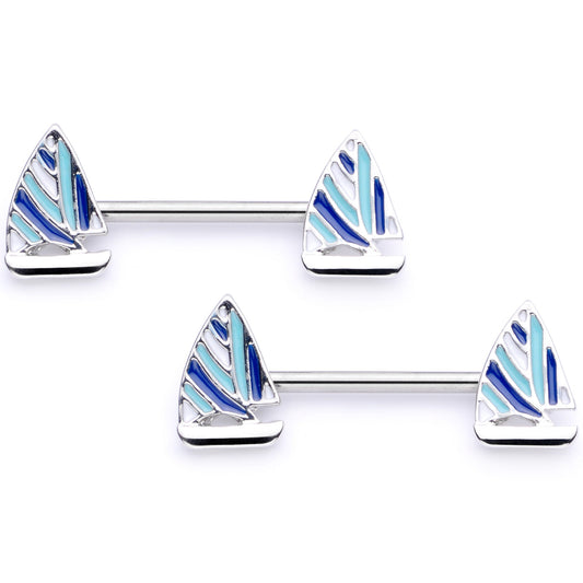 14G 9/16 Blue White Nautical Sailboat Barbell Nipple Ring Set