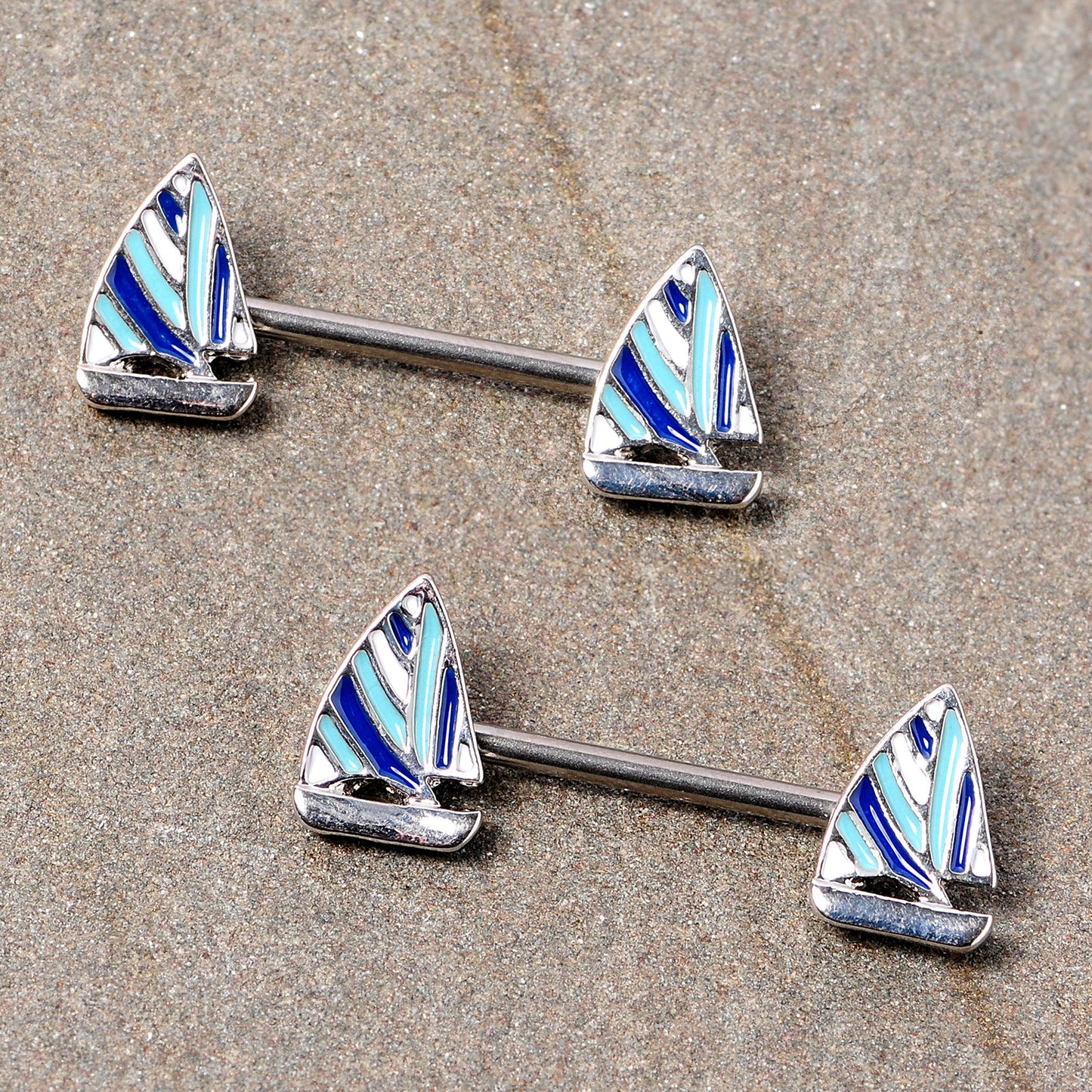 14G 9/16 Blue White Nautical Sailboat Barbell Nipple Ring Set