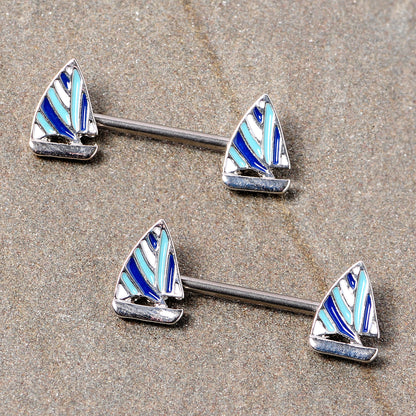 14G 9/16 Blue White Nautical Sailboat Barbell Nipple Ring Set