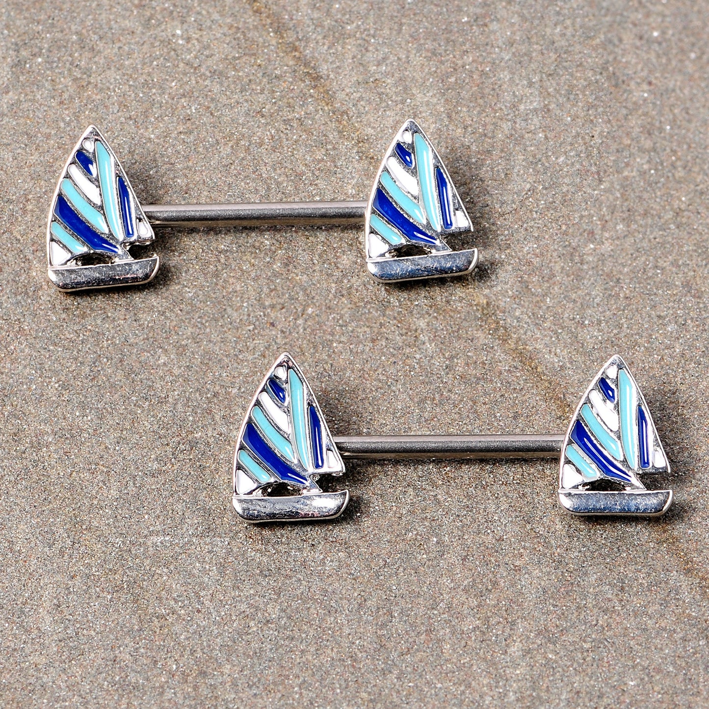 14G 9/16 Blue White Nautical Sailboat Barbell Nipple Ring Set