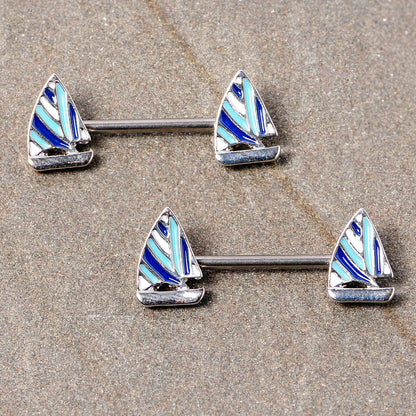14G 9/16 Blue White Nautical Sailboat Barbell Nipple Ring Set