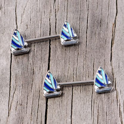 14G 9/16 Blue White Nautical Sailboat Barbell Nipple Ring Set