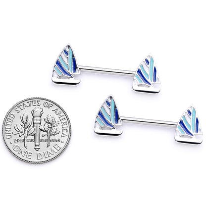 14G 9/16 Blue White Nautical Sailboat Barbell Nipple Ring Set