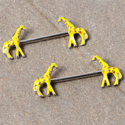 14G 9/16 Brown Yellow Giraffe Barbell Nipple Ring Set