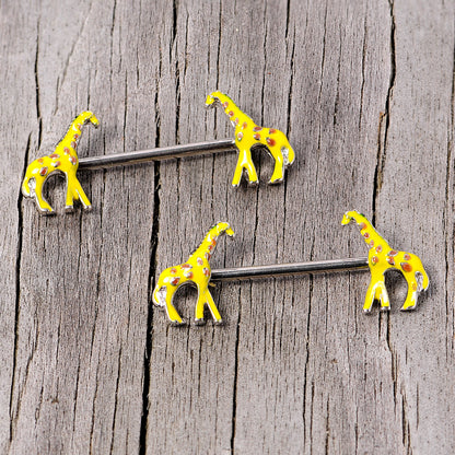 14G 9/16 Brown Yellow Giraffe Barbell Nipple Ring Set