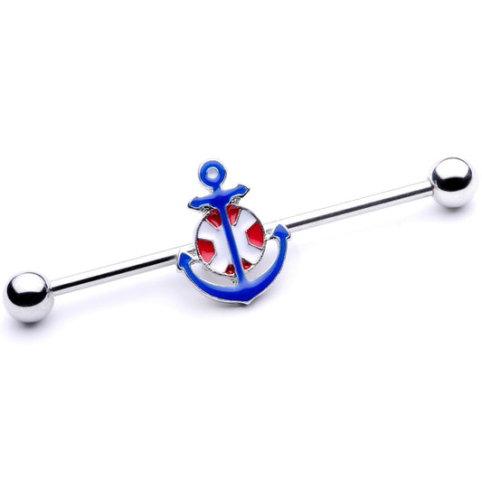14G Blue Red Life Ring Anchor Nautical Industrial Barbell 38mm
