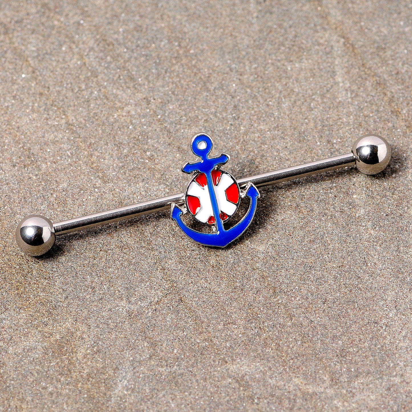 14G Blue Red Life Ring Anchor Nautical Industrial Barbell 38mm