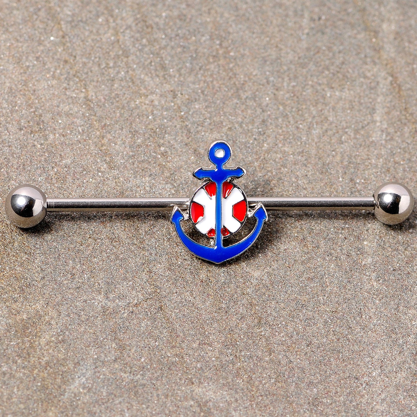 14G Blue Red Life Ring Anchor Nautical Industrial Barbell 38mm