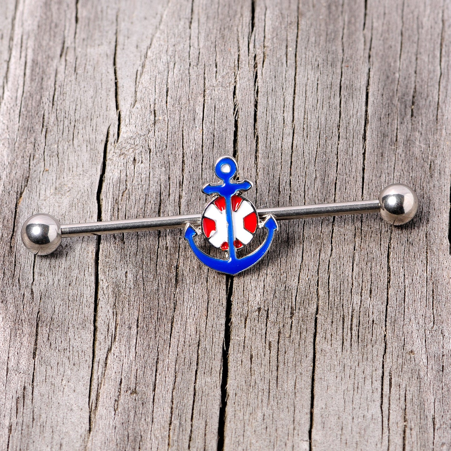 14G Blue Red Life Ring Anchor Nautical Industrial Barbell 38mm