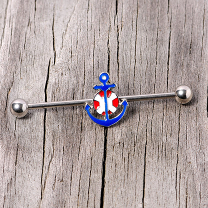 14G Blue Red Life Ring Anchor Nautical Industrial Barbell 38mm
