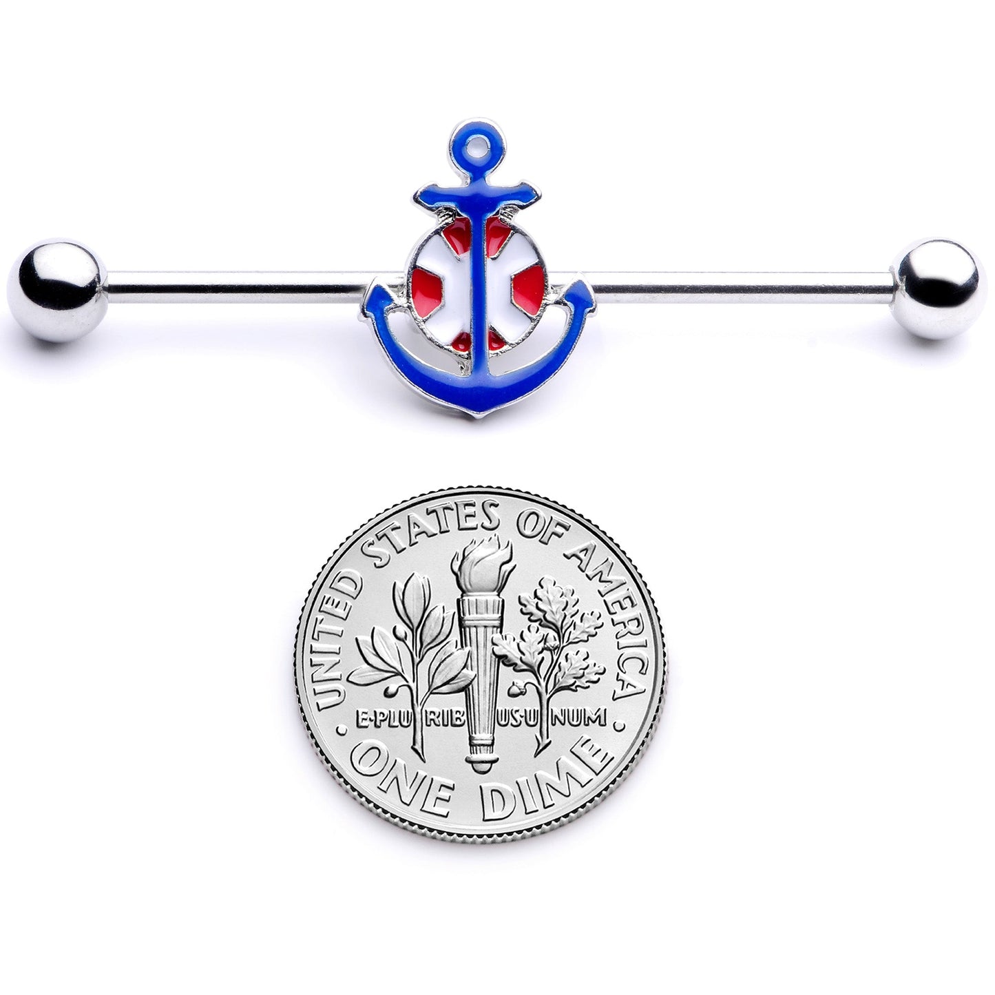 14G Blue Red Life Ring Anchor Nautical Industrial Barbell 38mm