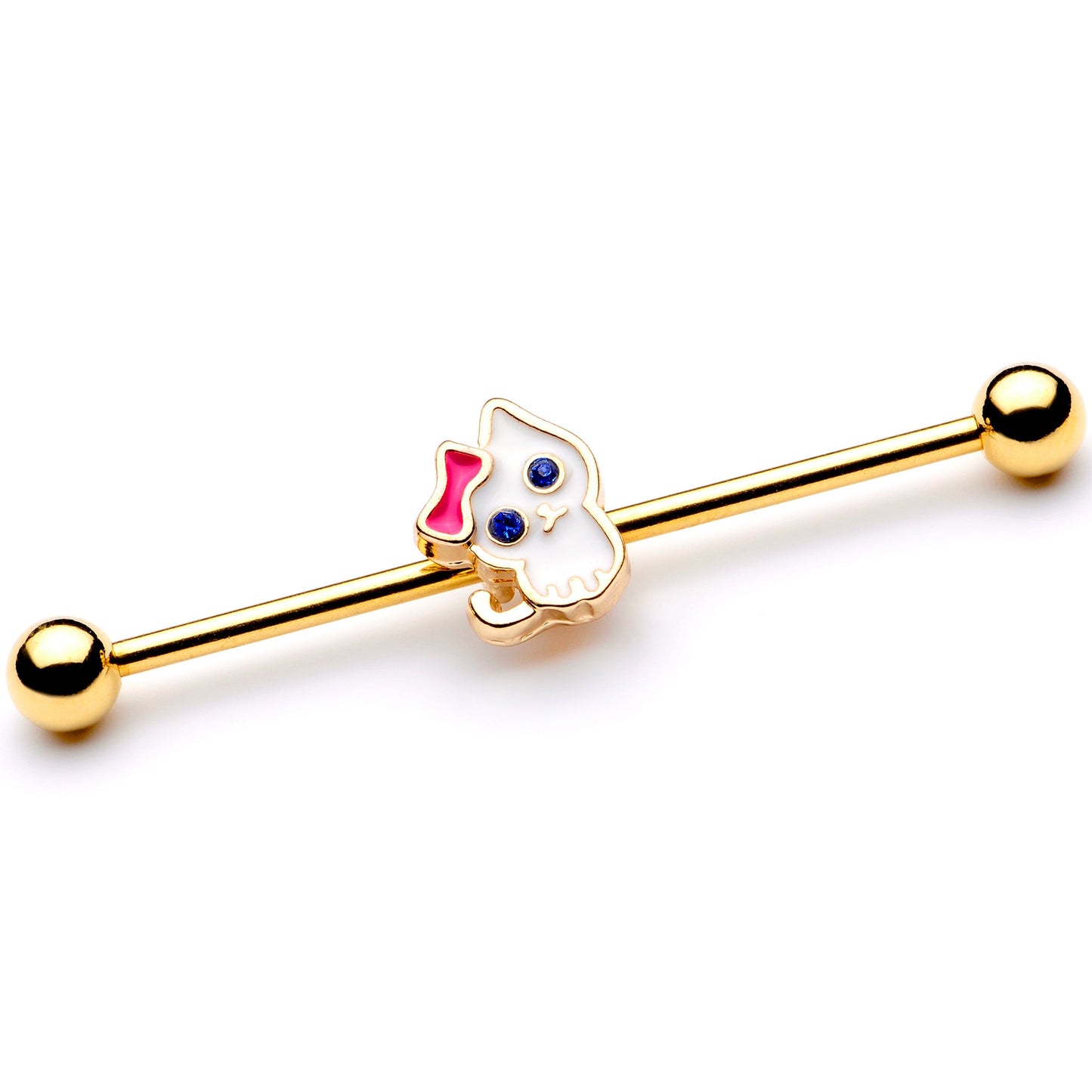14G Blue Gem Gold Tone Sweet Kitty Cat Industrial Barbell 38mm