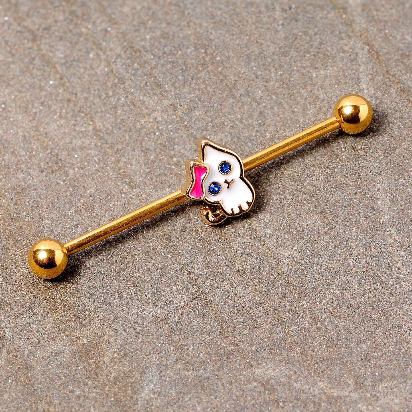14G Blue Gem Gold Tone Sweet Kitty Cat Industrial Barbell 38mm