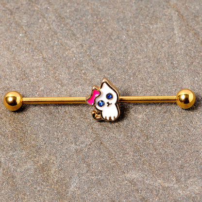 14G Blue Gem Gold Tone Sweet Kitty Cat Industrial Barbell 38mm