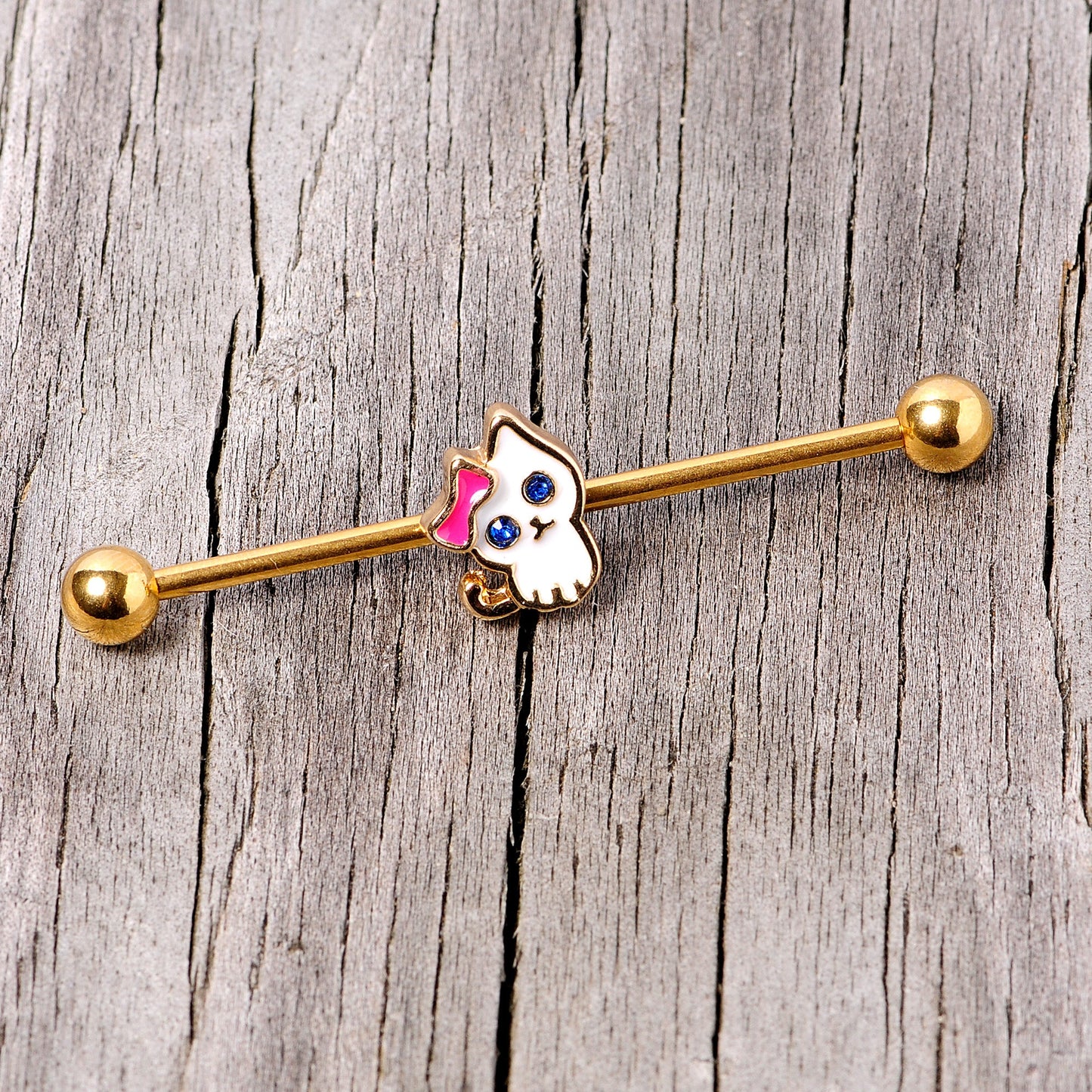 14G Blue Gem Gold Tone Sweet Kitty Cat Industrial Barbell 38mm