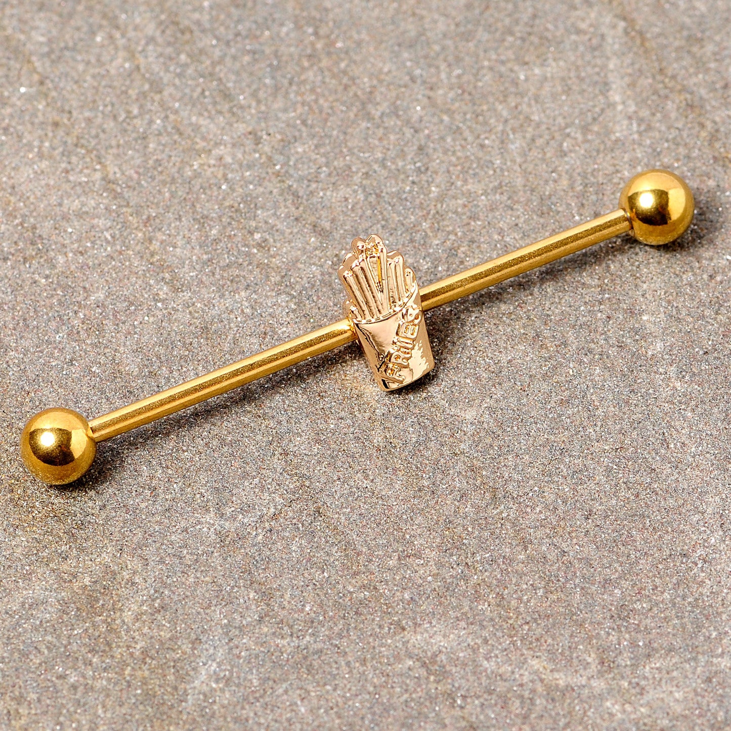 14G Gold Tone Fast Food French Fries Industrial Barbell 38mm