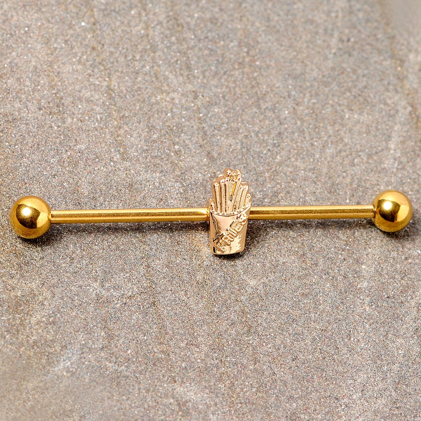 14G Gold Tone Fast Food French Fries Industrial Barbell 38mm