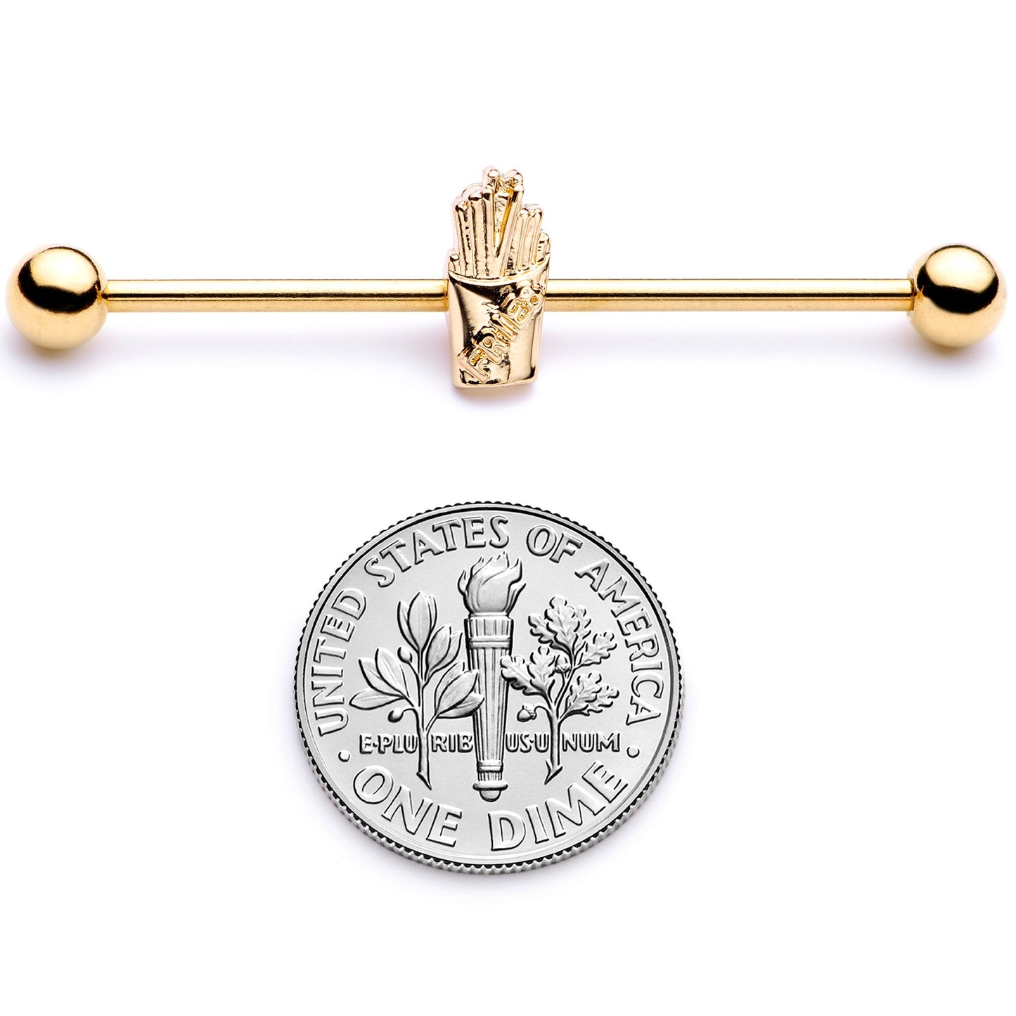 14G Gold Tone Fast Food French Fries Industrial Barbell 38mm