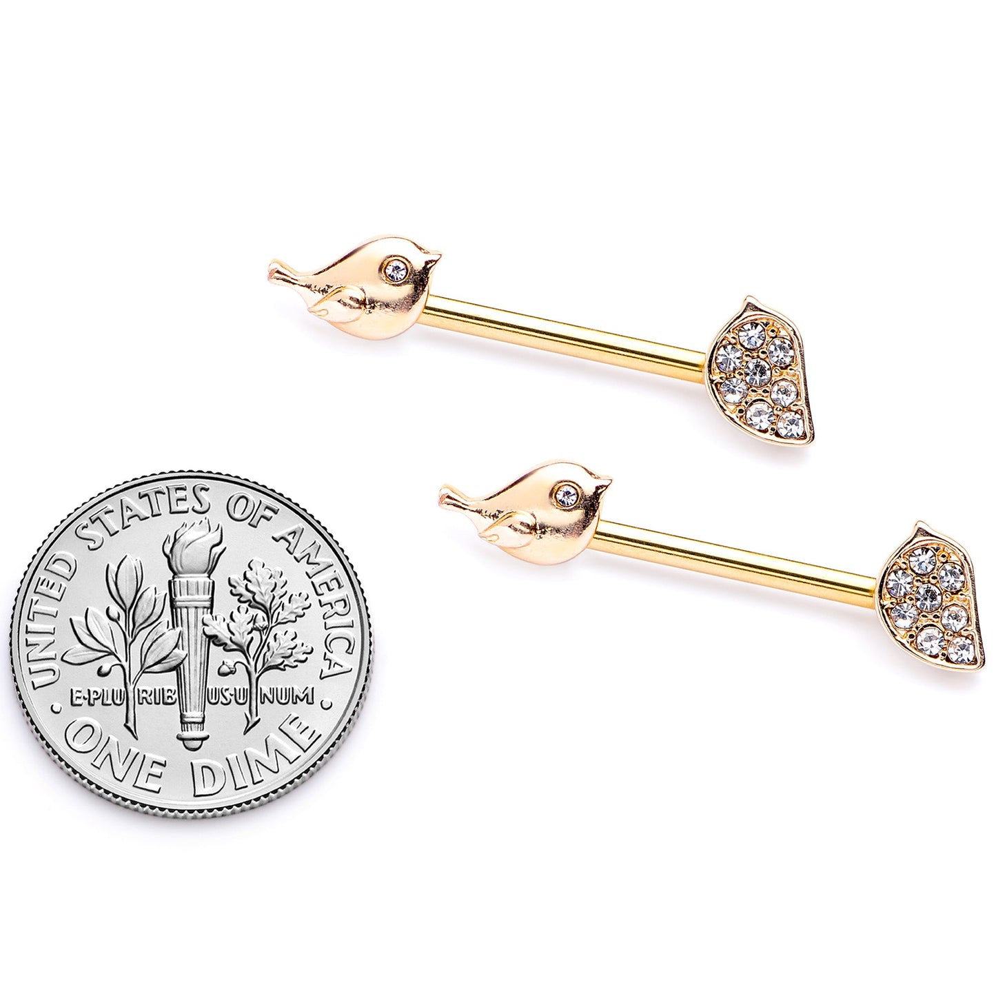 14G 9/16 Clear Gem Gold Tone Little Birds Barbell Nipple Ring Set