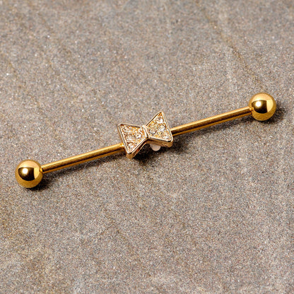 14G Clear Gem Gold Tone Bow Tie Industrial Barbell 38mm