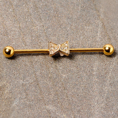 14G Clear Gem Gold Tone Bow Tie Industrial Barbell 38mm