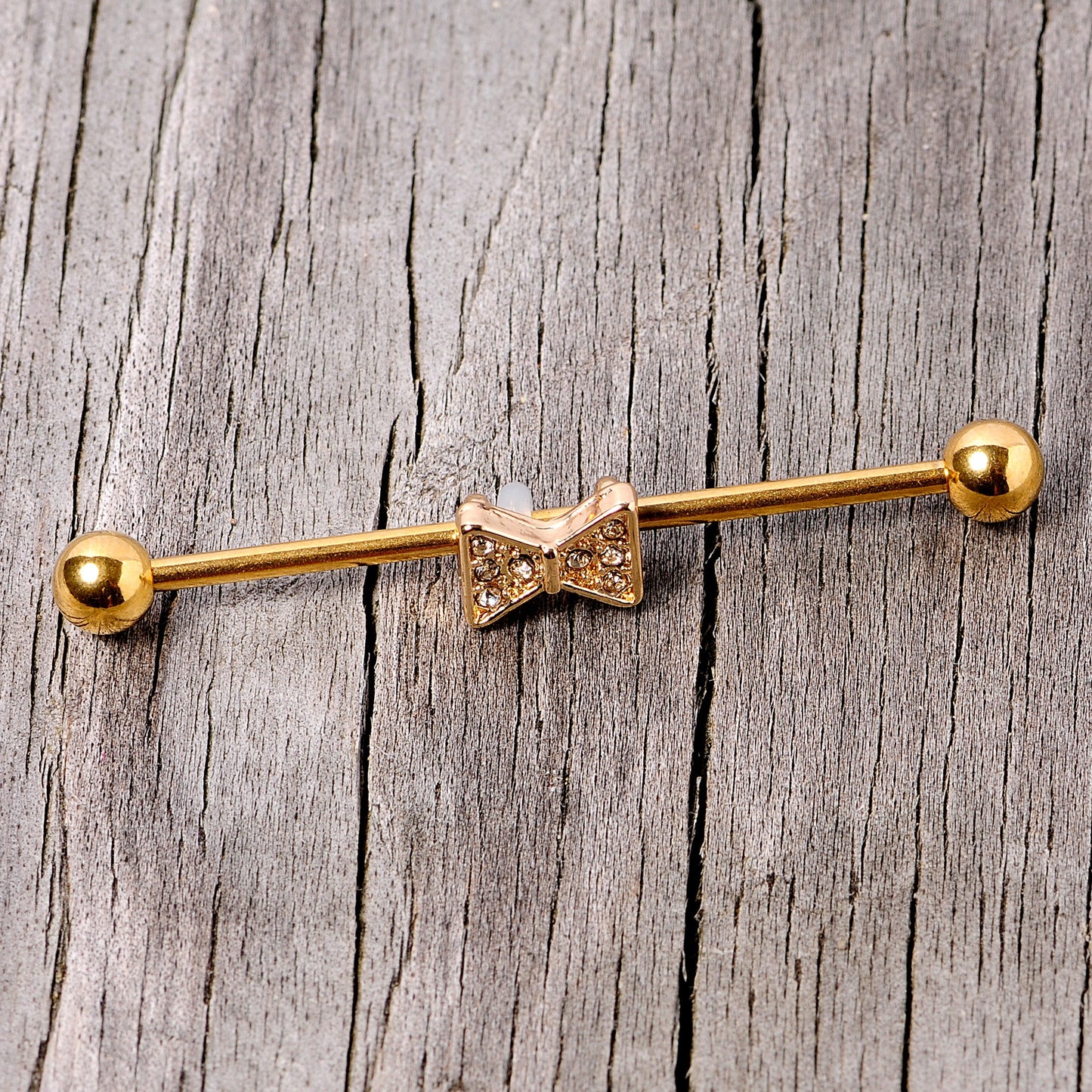 14G Clear Gem Gold Tone Bow Tie Industrial Barbell 38mm