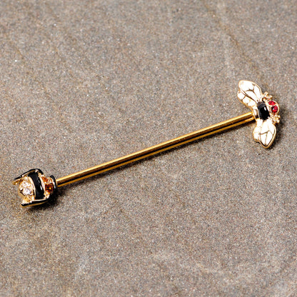 14G Clear Black Yellow Gem Gold Tone Bee Industrial Barbell 38mm