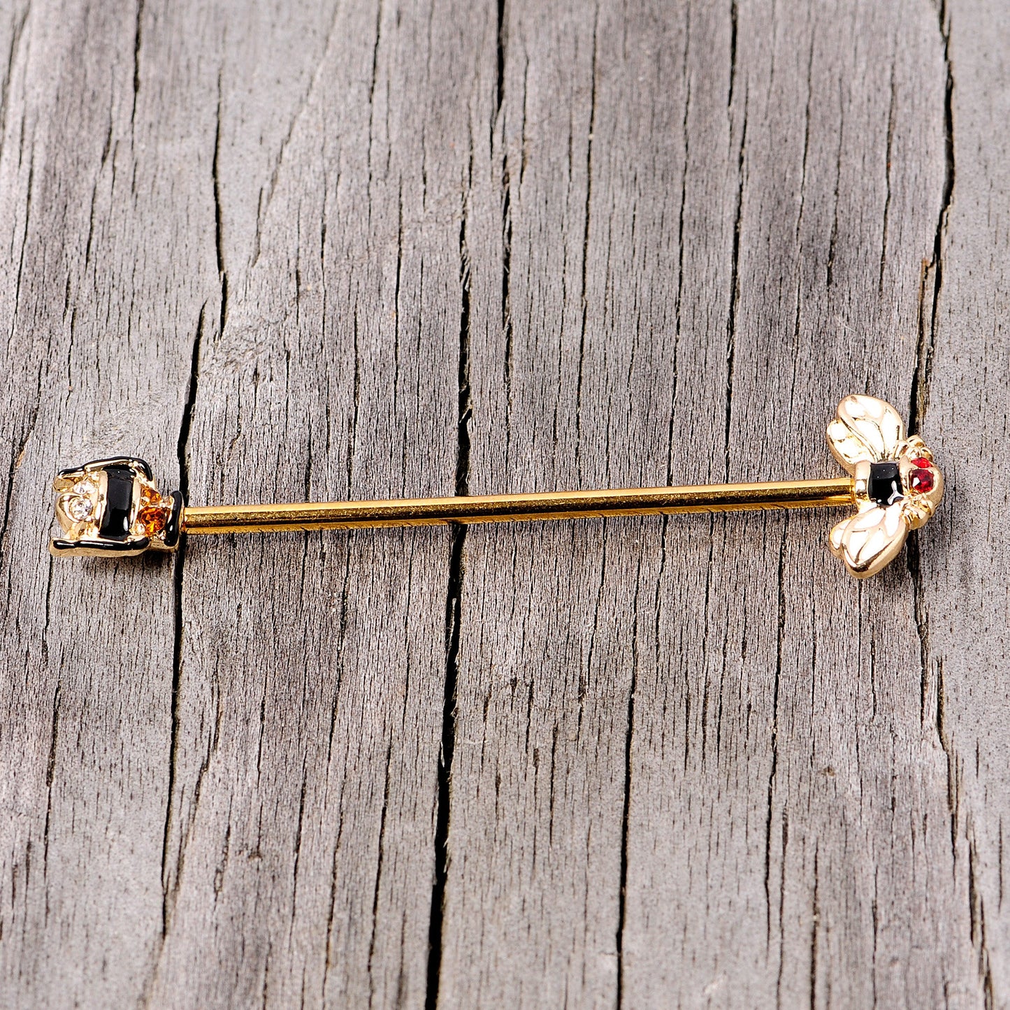 14G Clear Black Yellow Gem Gold Tone Bee Industrial Barbell 38mm