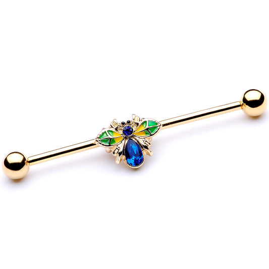 14G Blue Gem Gold Tone Colorful Bee Industrial Barbell 38mm