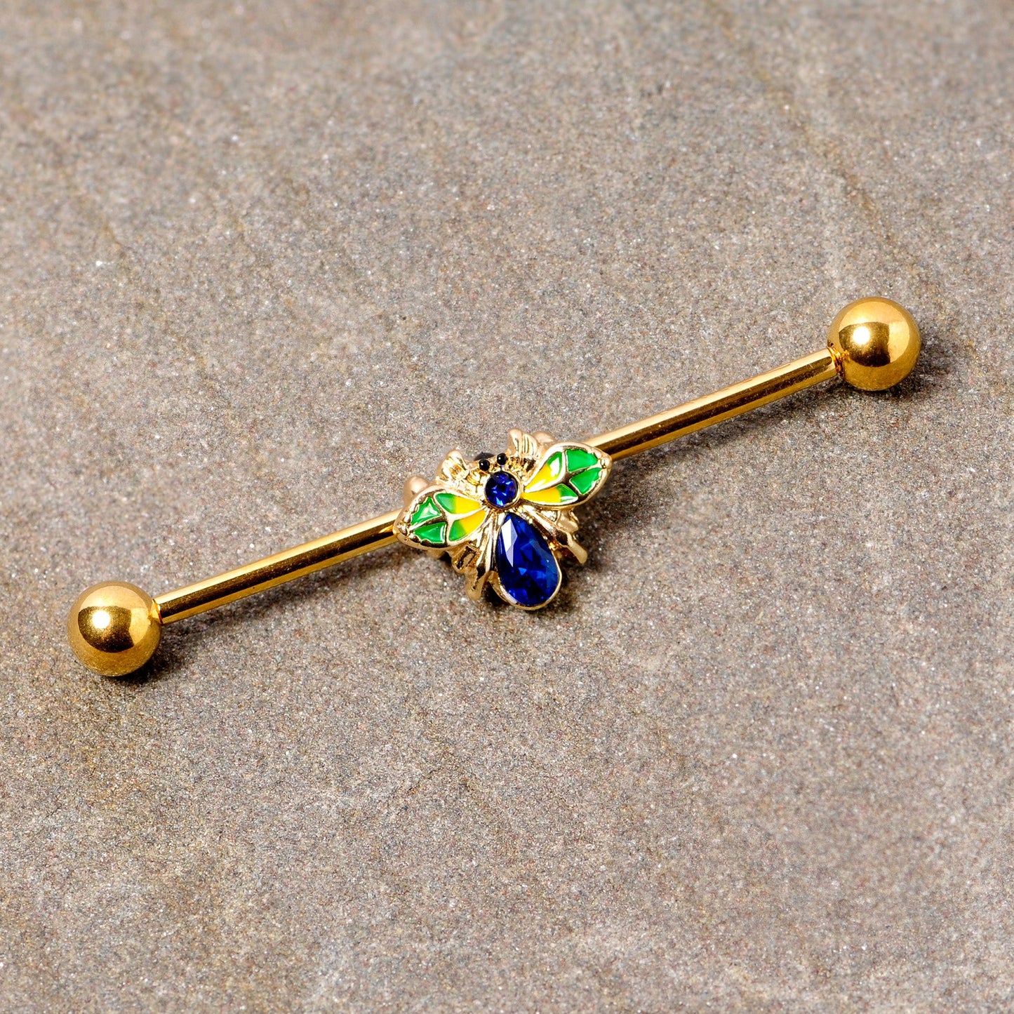 14G Blue Gem Gold Tone Colorful Bee Industrial Barbell 38mm
