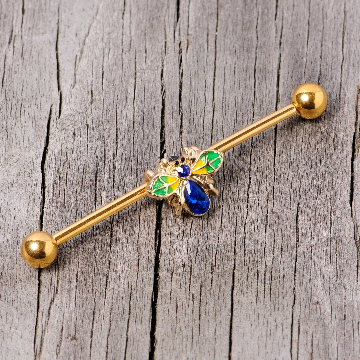 14G Blue Gem Gold Tone Colorful Bee Industrial Barbell 38mm