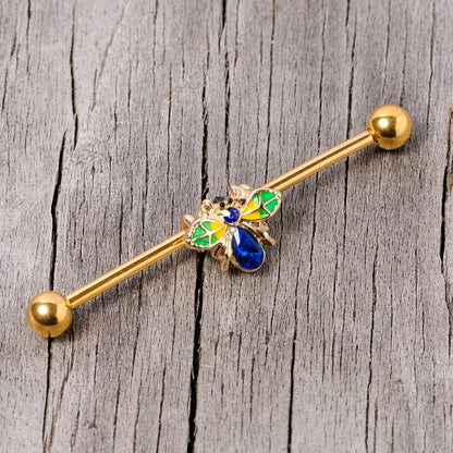 14G Blue Gem Gold Tone Colorful Bee Industrial Barbell 38mm