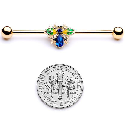 14G Blue Gem Gold Tone Colorful Bee Industrial Barbell 38mm