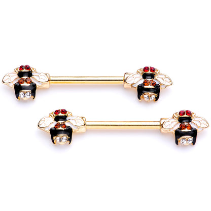 14G 9/16 Clear Yellow Gem Gold Tone Bee Barbell Nipple Ring Set