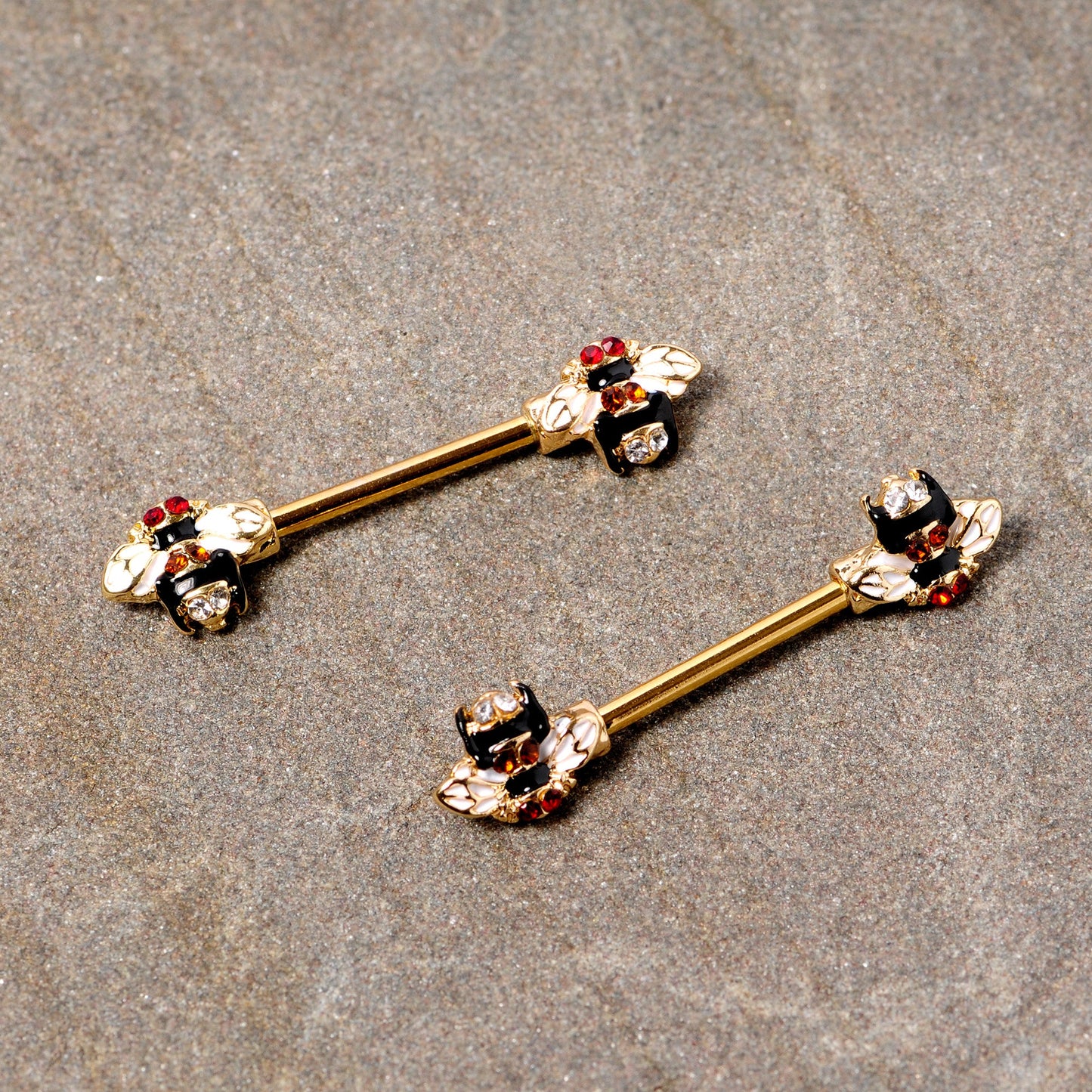 14G 9/16 Clear Yellow Gem Gold Tone Bee Barbell Nipple Ring Set