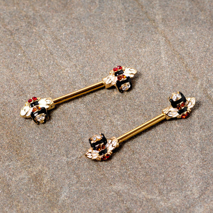 14G 9/16 Clear Yellow Gem Gold Tone Bee Barbell Nipple Ring Set