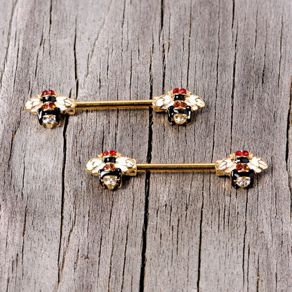 14G 9/16 Clear Yellow Gem Gold Tone Bee Barbell Nipple Ring Set