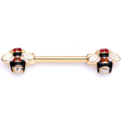 14G 9/16 Clear Yellow Gem Gold Tone Bee Barbell Nipple Ring Set